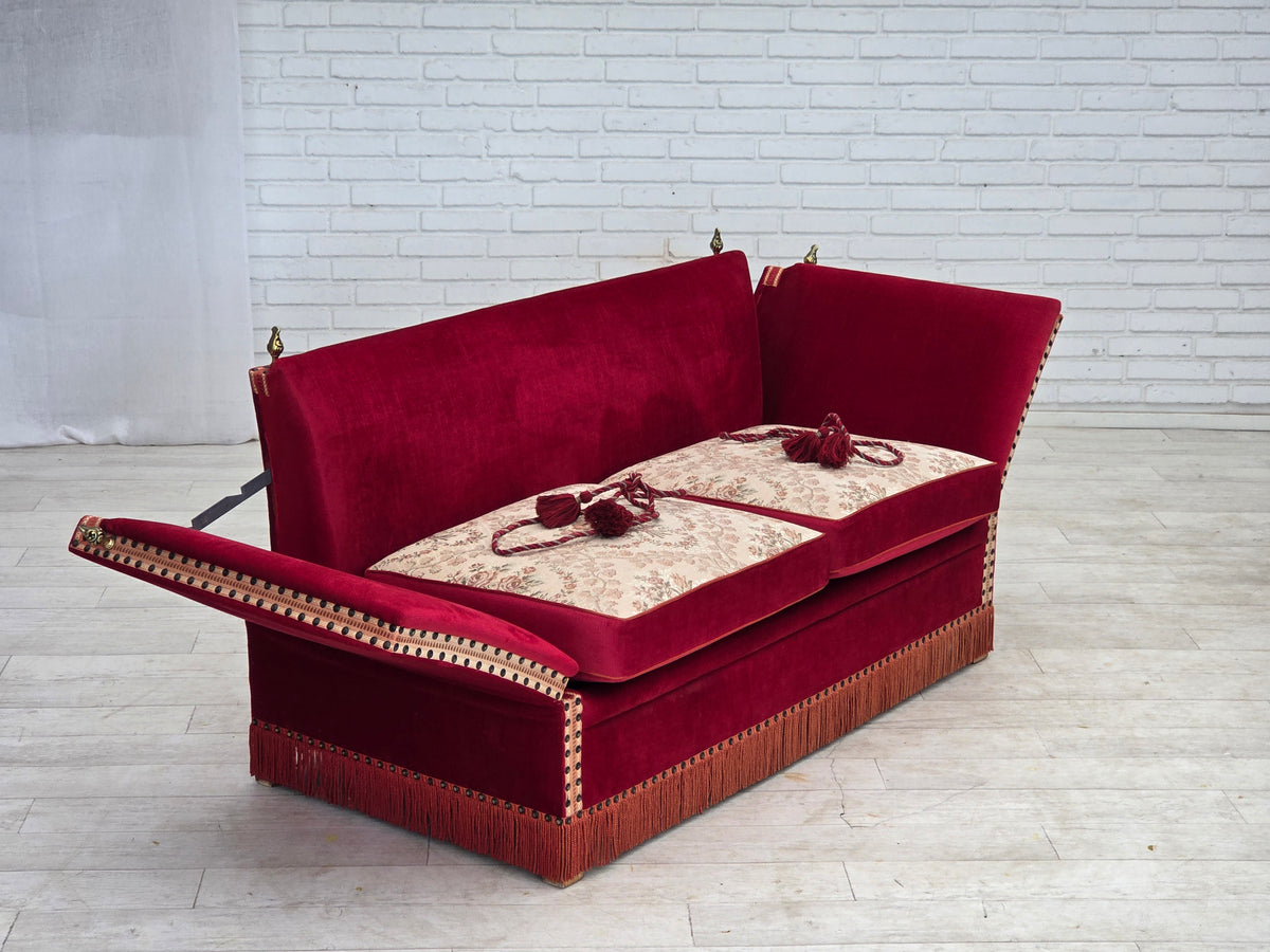 1970s, Danish 2-seater "Spanish" drop arm sofa, furniture velour.