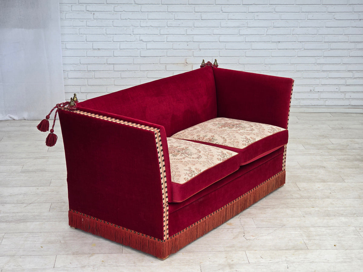 1970s, Danish 2-seater "Spanish" drop arm sofa, furniture velour.