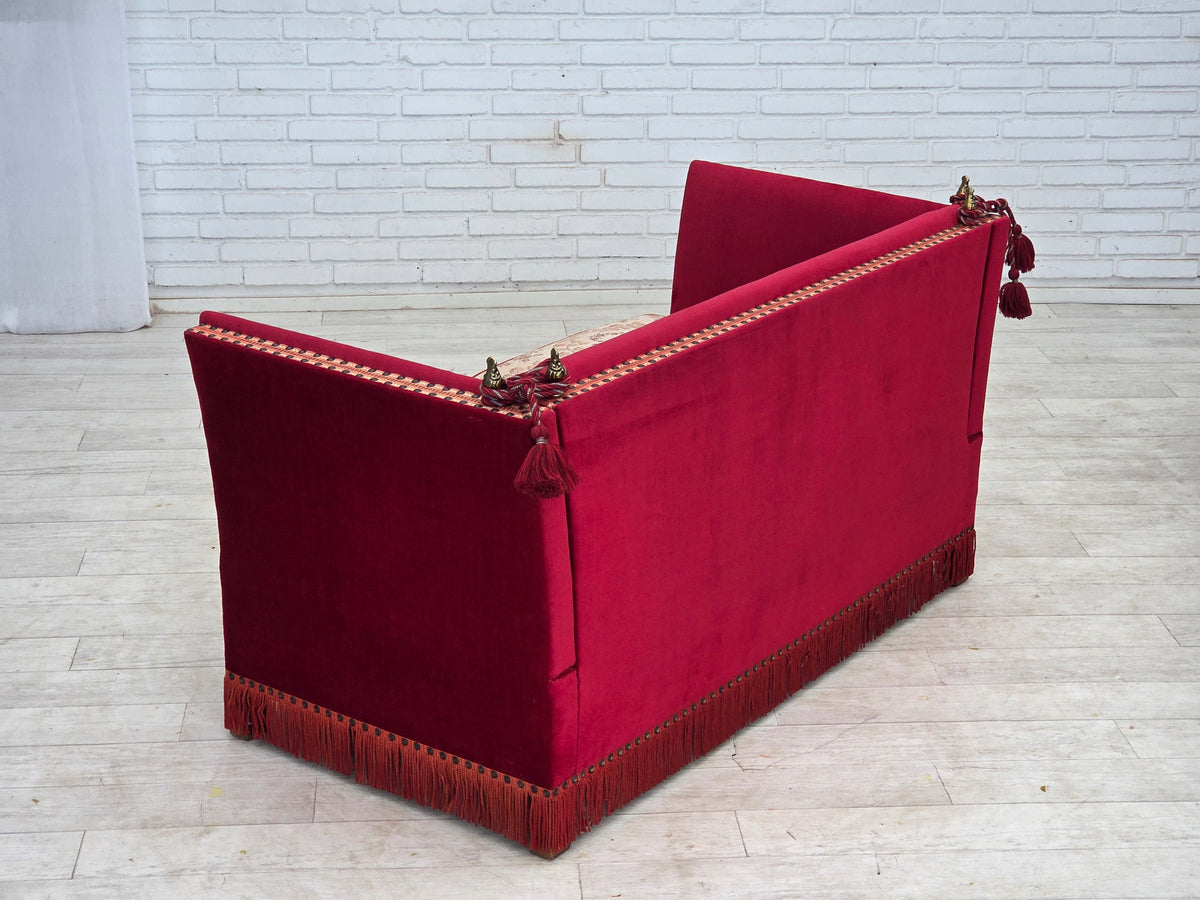 1970s, Danish 2-seater "Spanish" drop arm sofa, furniture velour.