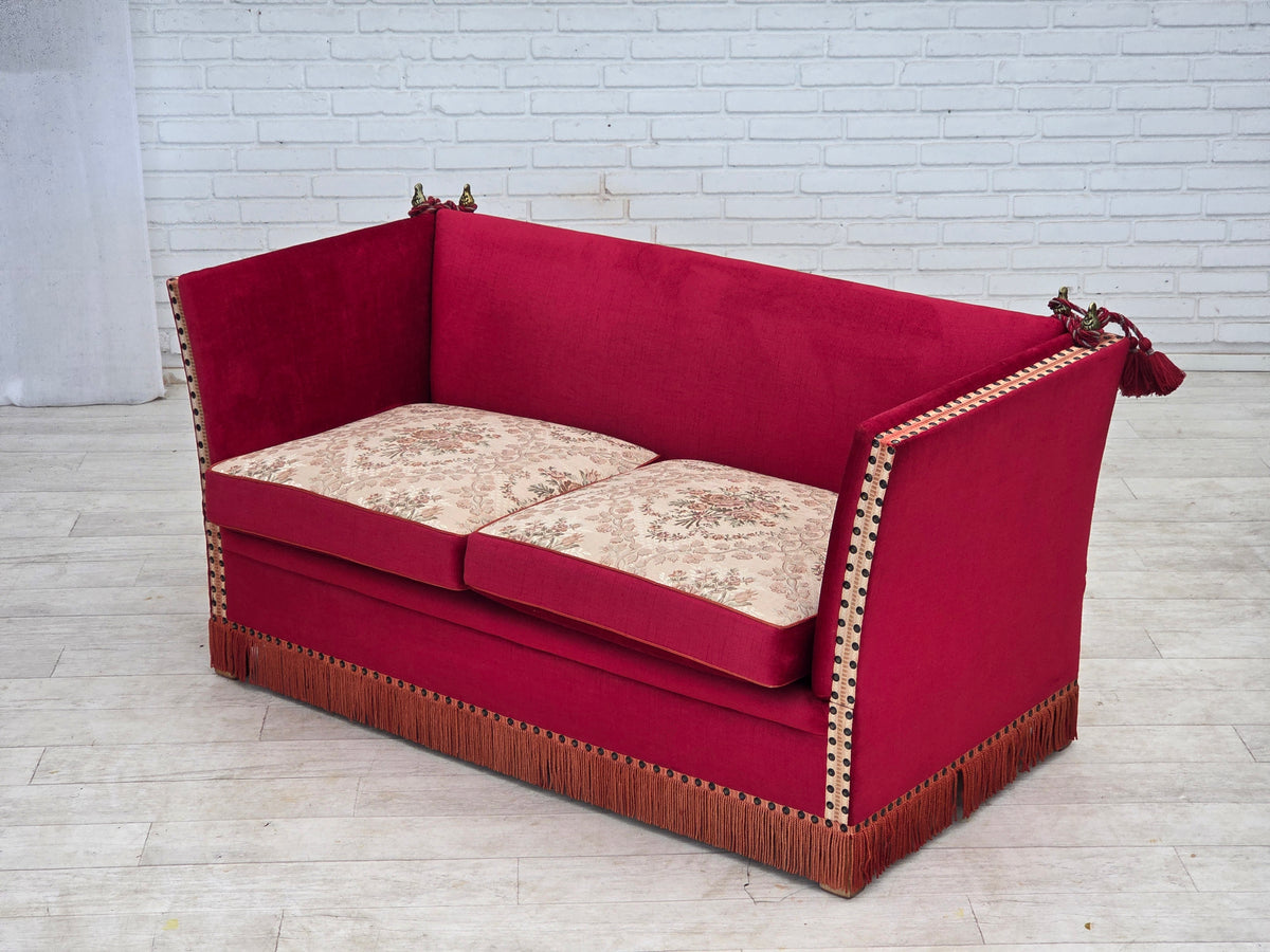 1970s, Danish 2-seater "Spanish" drop arm sofa, furniture velour.