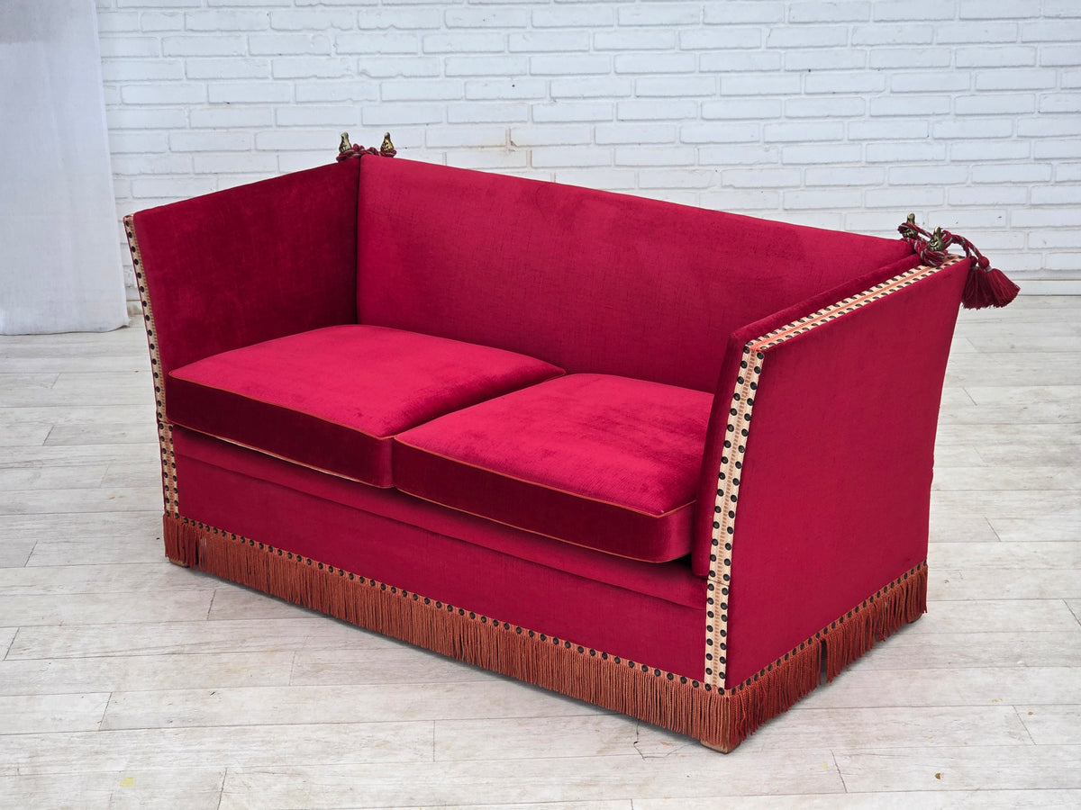 1970s, Danish 2-seater "Spanish" drop arm sofa, furniture velour.
