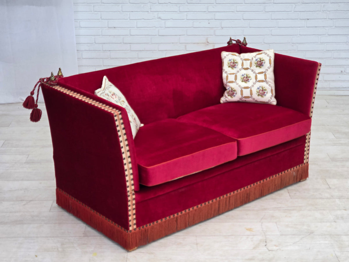1970s, Danish 2-seater "Spanish" drop arm sofa, furniture velour.