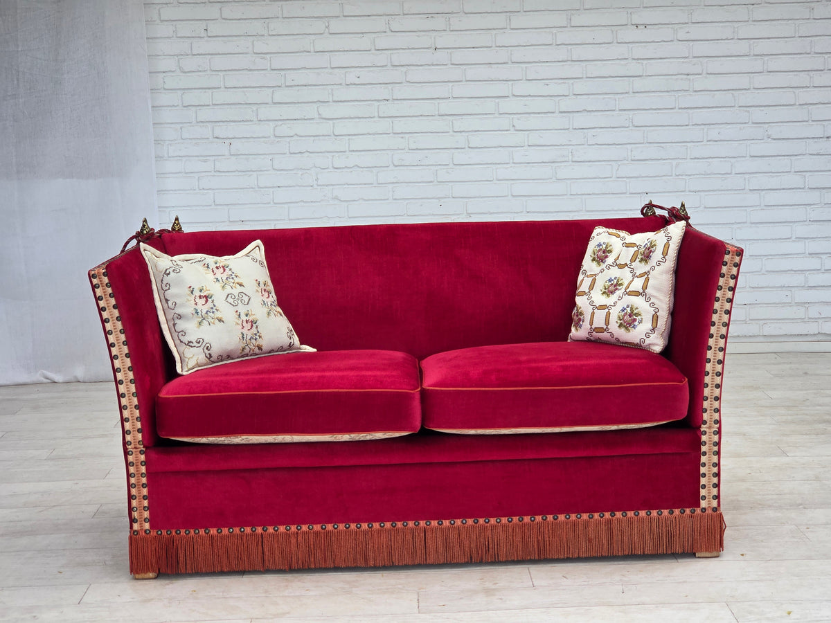 1970s, Danish 2-seater "Spanish" drop arm sofa, furniture velour.