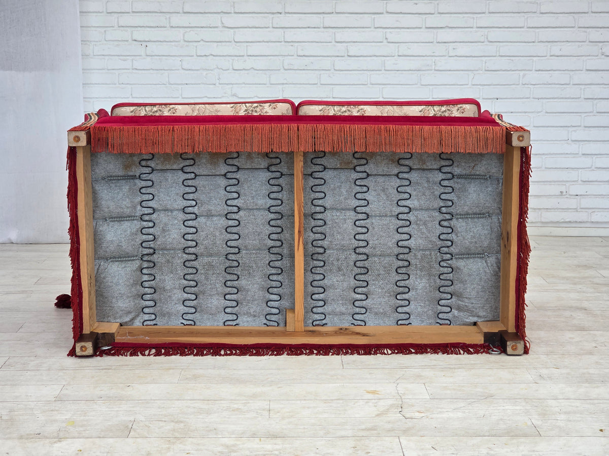 1970s, Danish 2-seater "Spanish" drop arm sofa, furniture velour.
