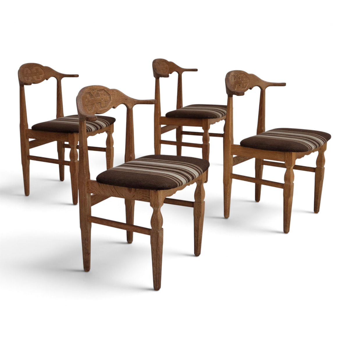 1960s, Danish design by Henning Kjærnulf, set of 4 chairs, wool, oak wood.