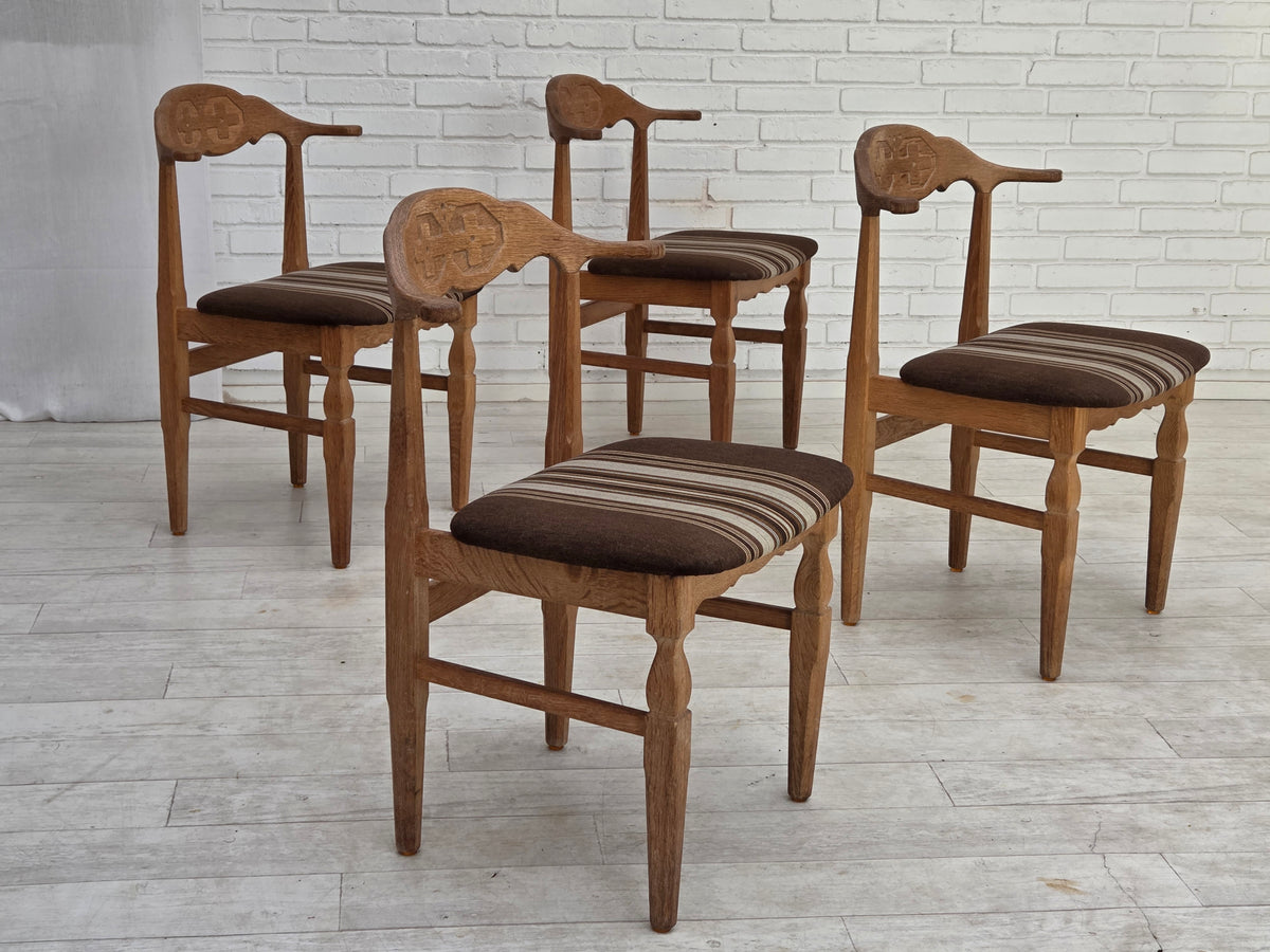 1960s, Danish design by Henning Kjærnulf, set of 4 chairs, wool, oak wood.