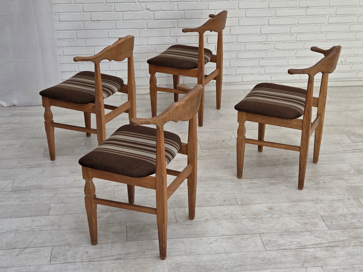 1960s, Danish design by Henning Kjærnulf, set of 4 chairs, wool, oak wood.