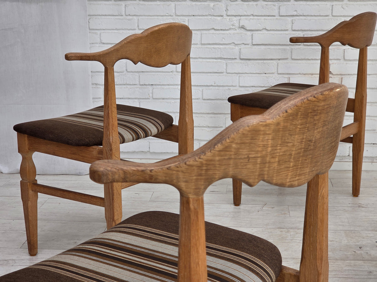 1960s, Danish design by Henning Kjærnulf, set of 4 chairs, wool, oak wood.