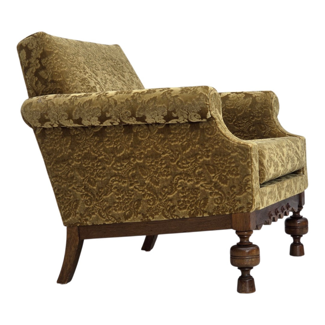 1960s, Danish armchair, furniture velour, carved oak wood.