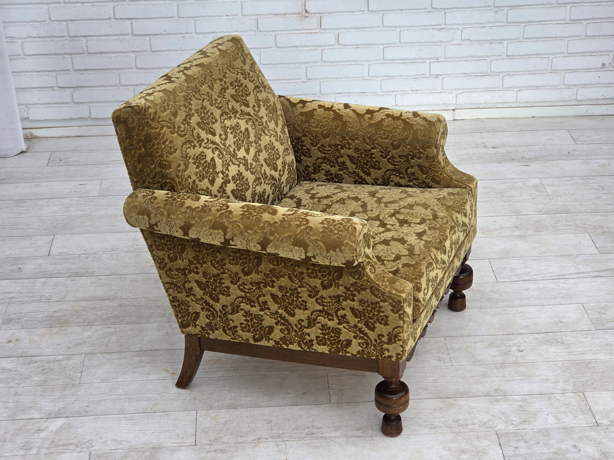 1960s, Danish armchair, furniture velour, carved oak wood.