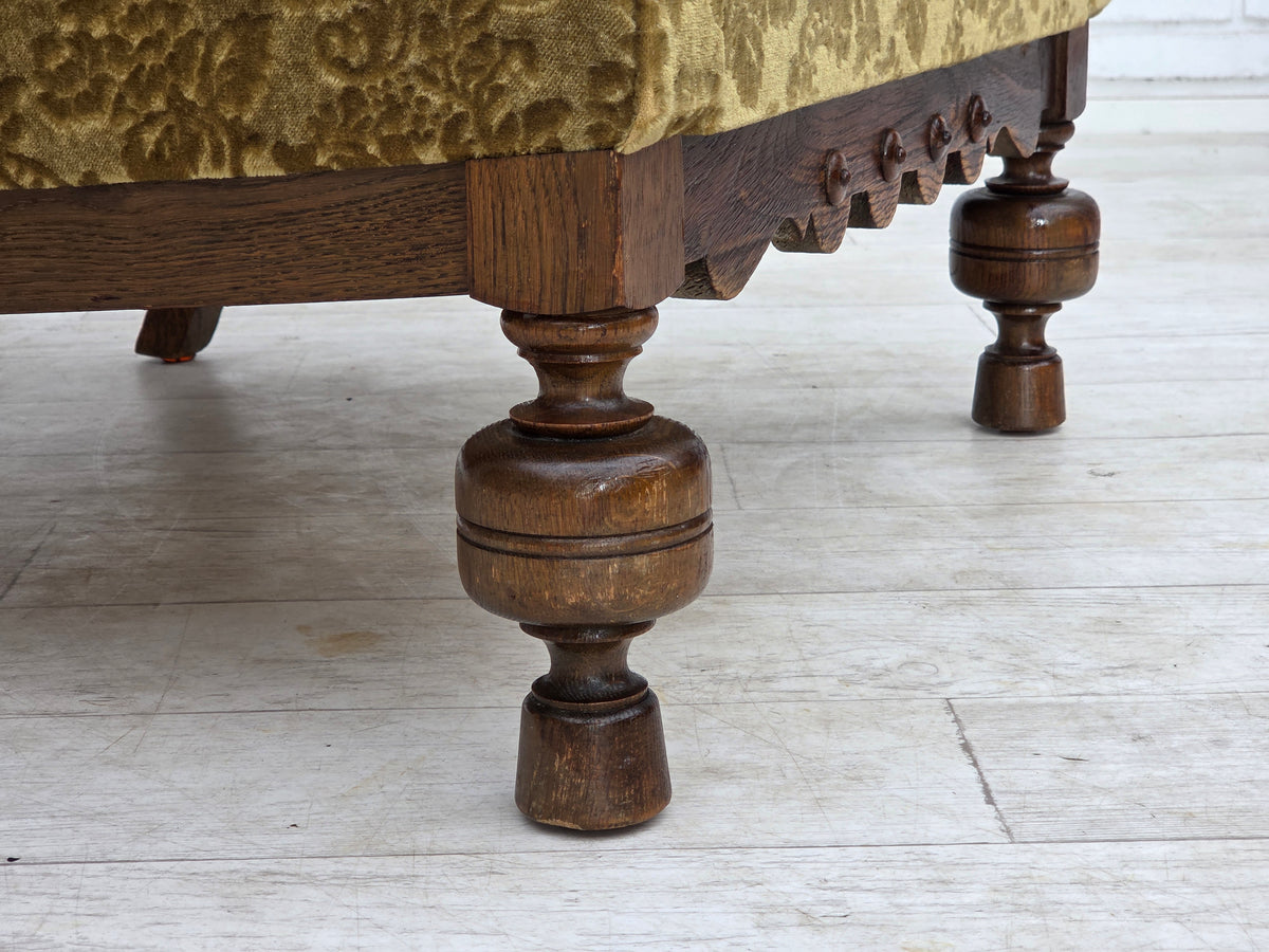 1960s, Danish armchair, furniture velour, carved oak wood.