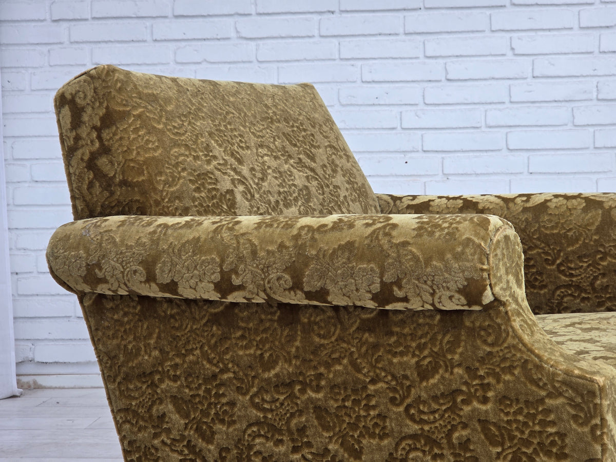 1960s, Danish armchair, furniture velour, carved oak wood.