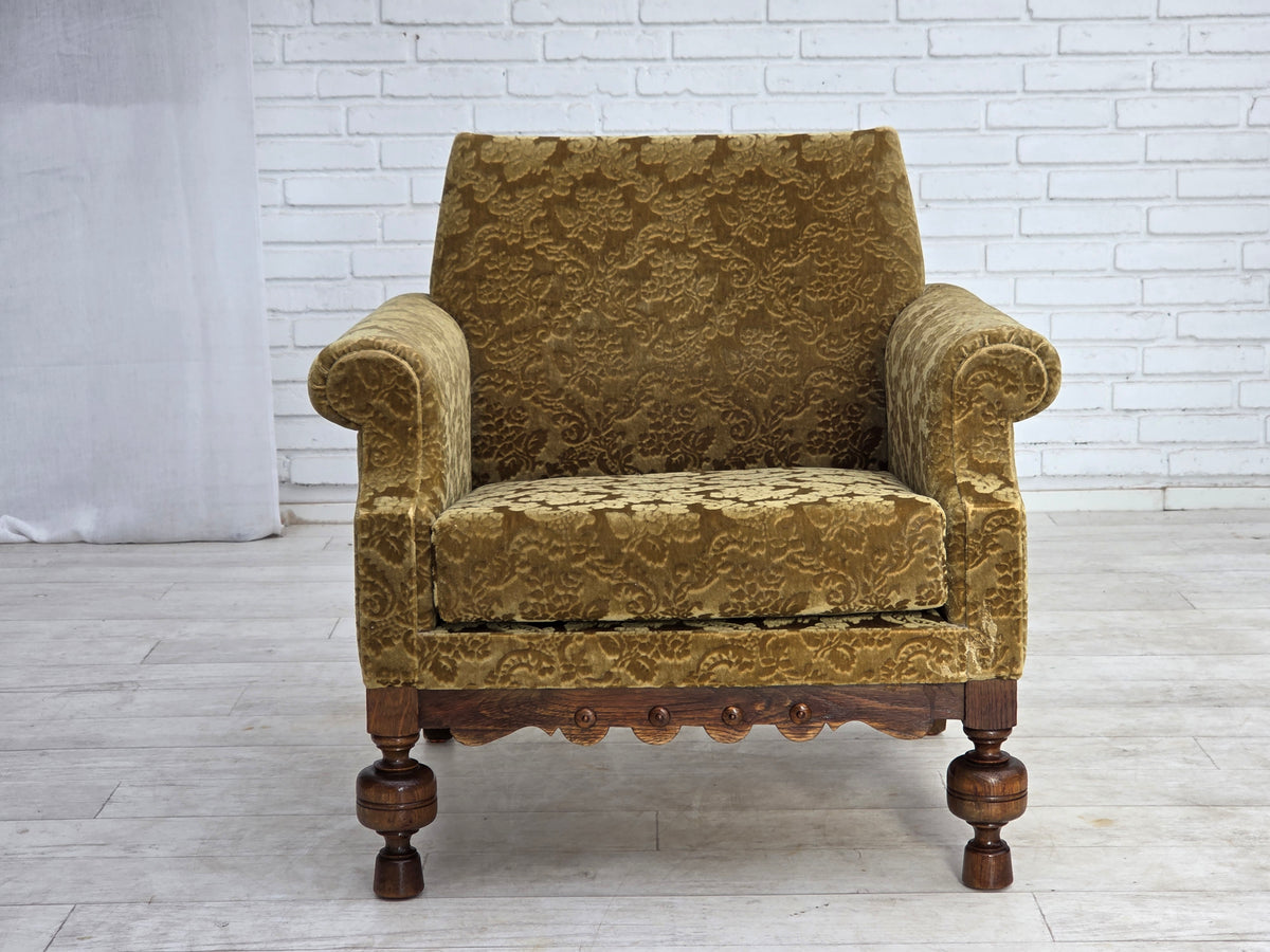 1960s, Danish armchair, furniture velour, carved oak wood.