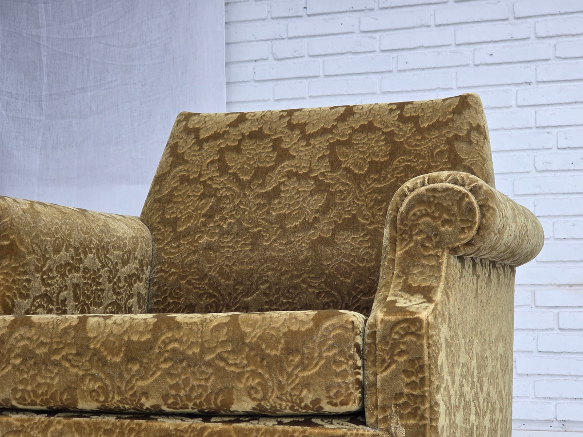 1960s, Danish armchair, furniture velour, carved oak wood.