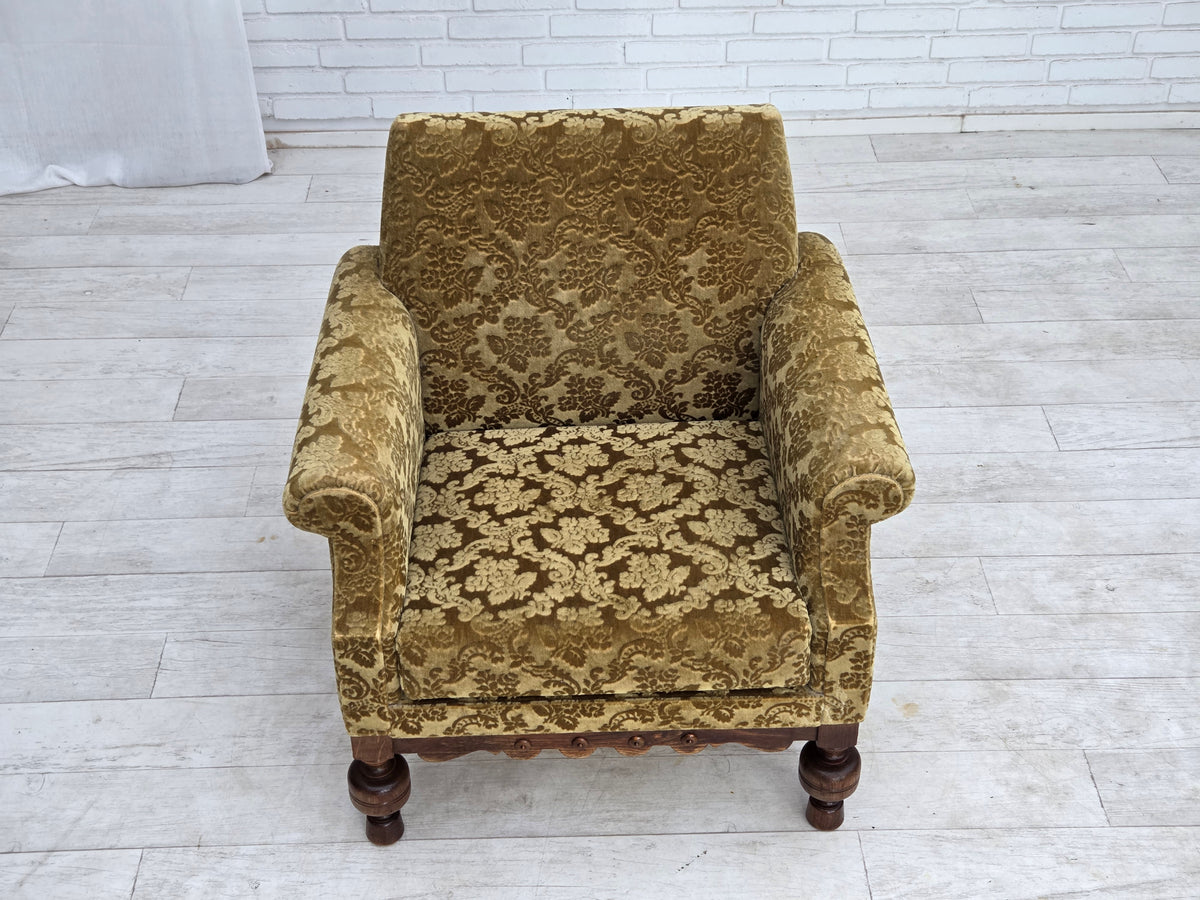 1960s, Danish armchair, furniture velour, carved oak wood.