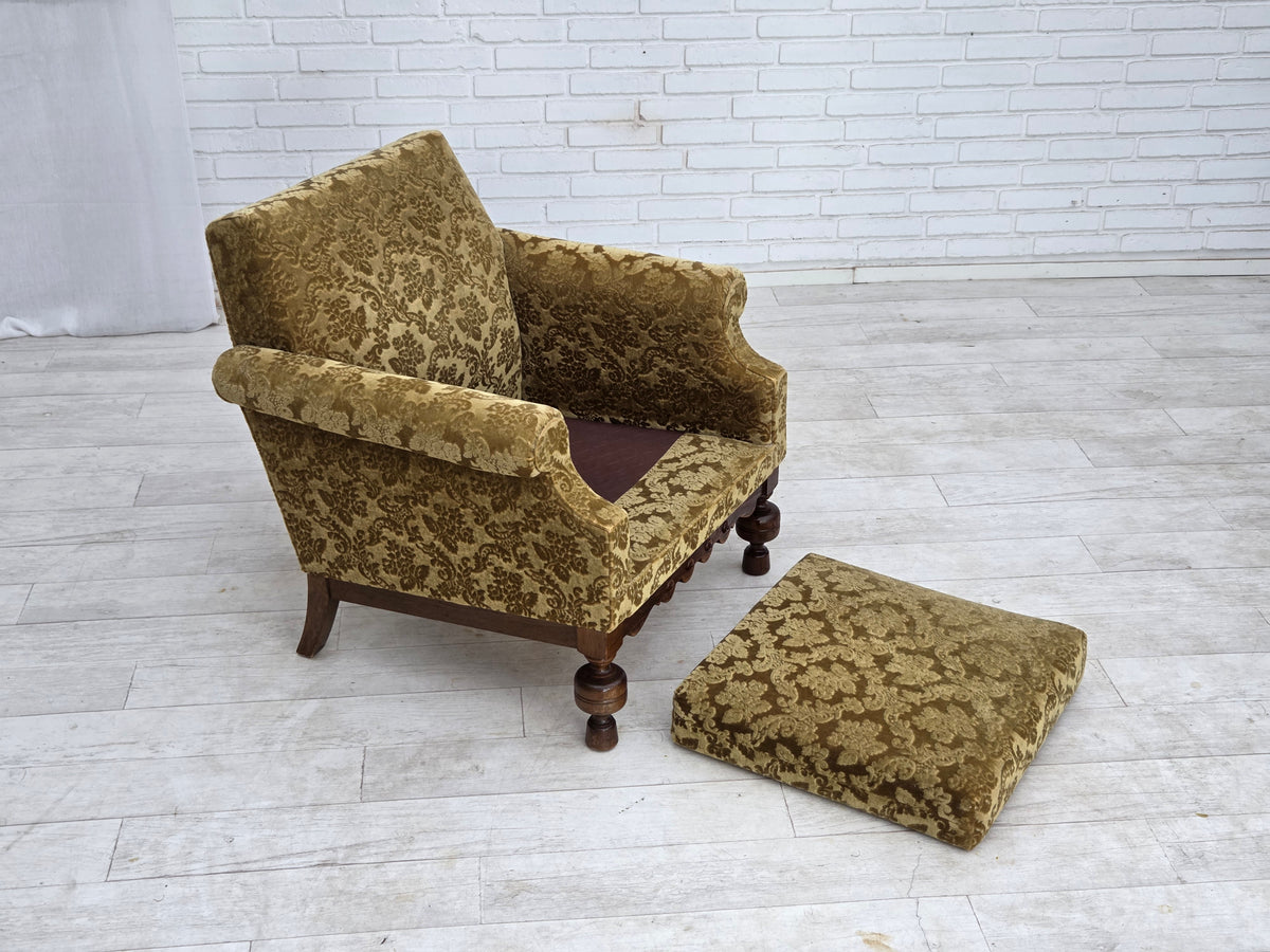 1960s, Danish armchair, furniture velour, carved oak wood.