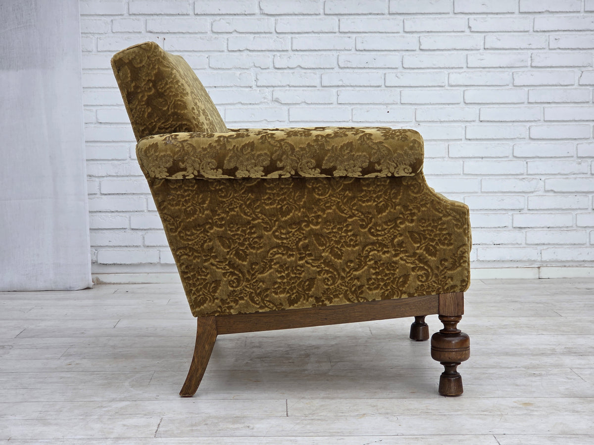 1960s, Danish armchair, furniture velour, carved oak wood.