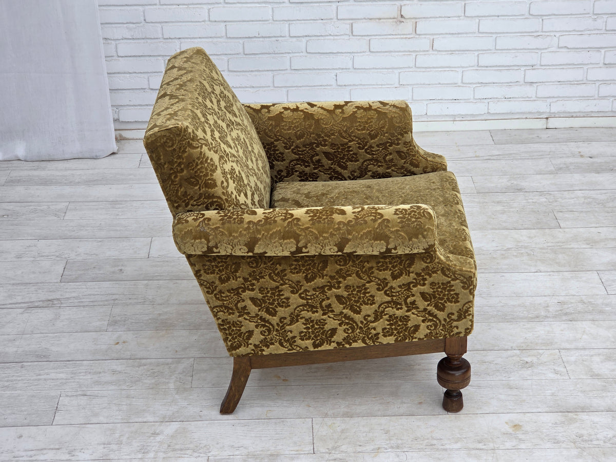 1960s, Danish armchair, furniture velour, carved oak wood.