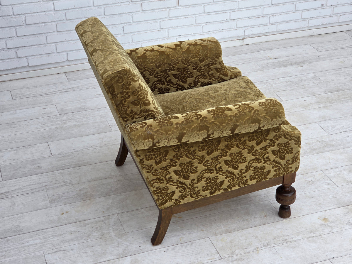 1960s, Danish armchair, furniture velour, carved oak wood.