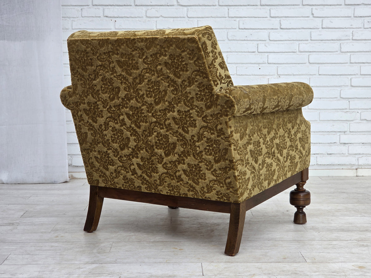 1960s, Danish armchair, furniture velour, carved oak wood.