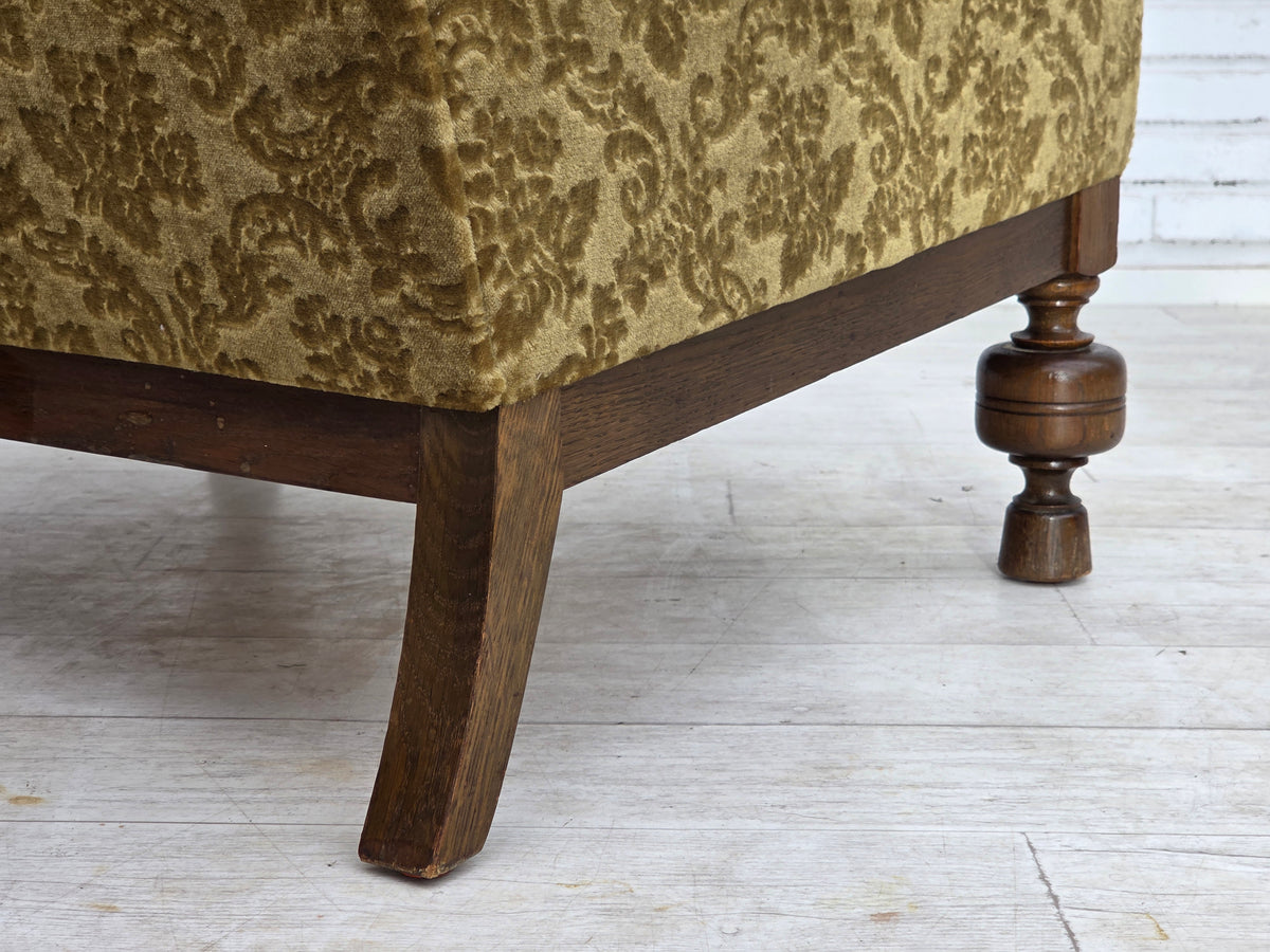 1960s, Danish armchair, furniture velour, carved oak wood.