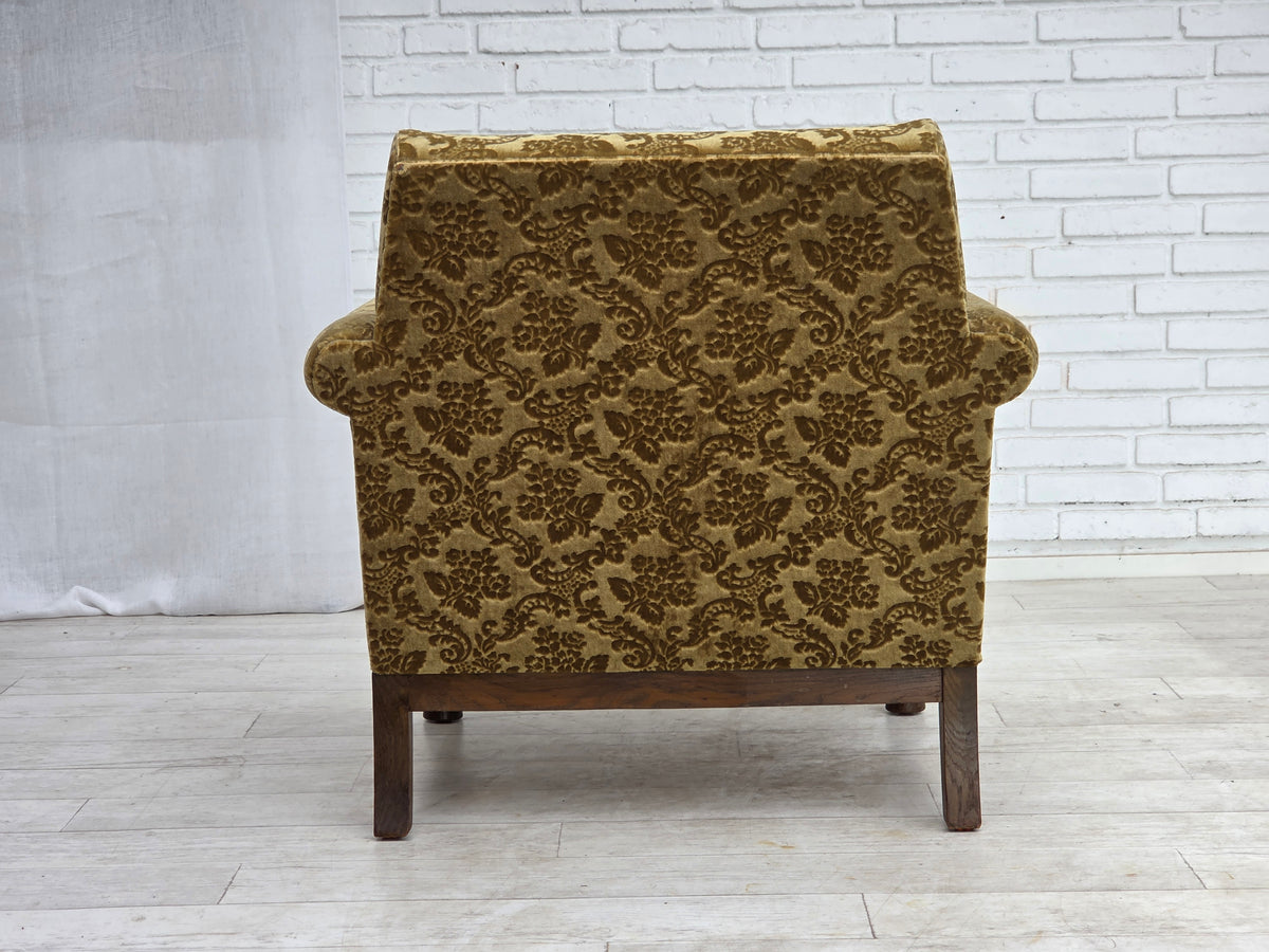 1960s, Danish armchair, furniture velour, carved oak wood.