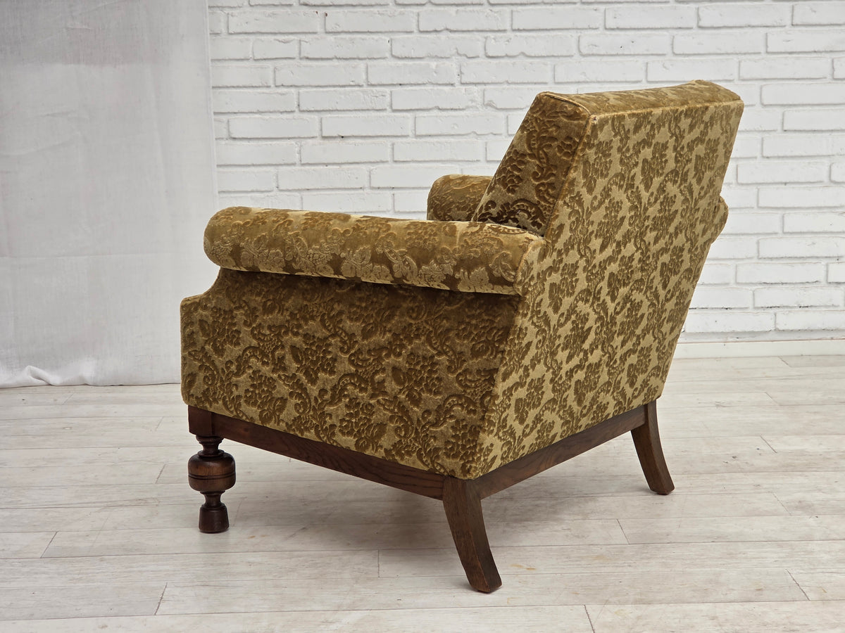 1960s, Danish armchair, furniture velour, carved oak wood.