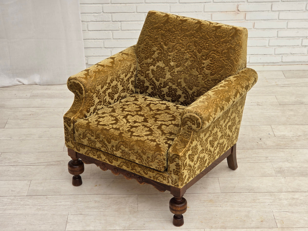 1960s, Danish armchair, furniture velour, carved oak wood.