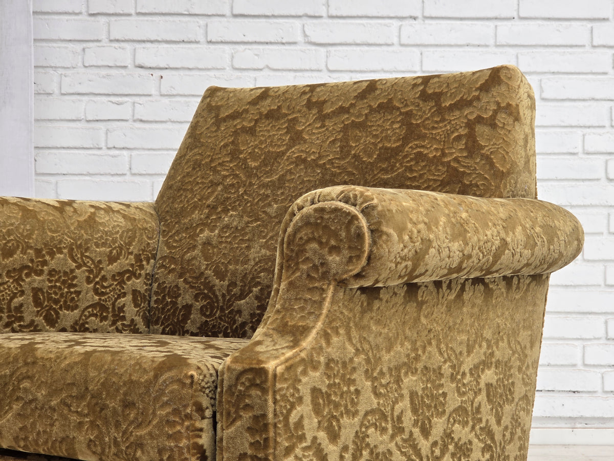 1960s, Danish armchair, furniture velour, carved oak wood.