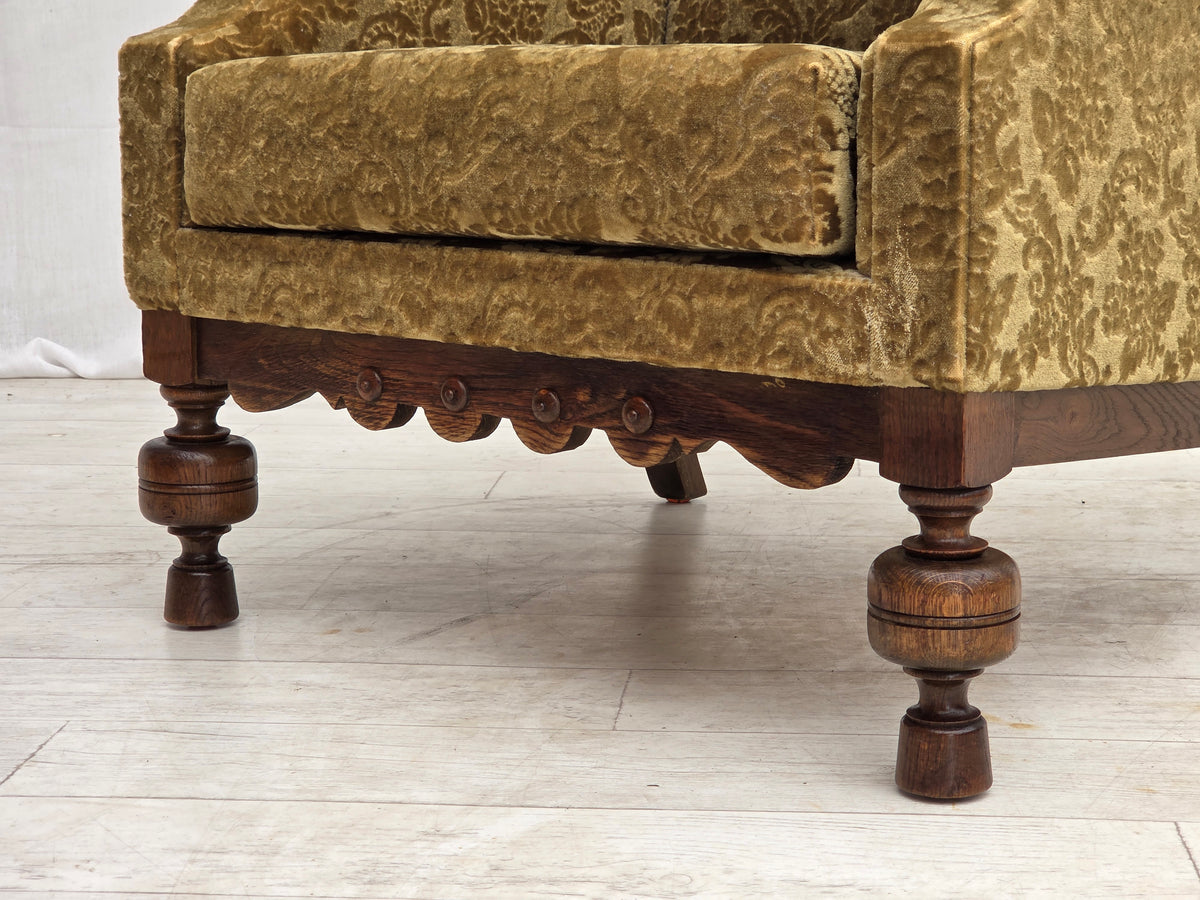 1960s, Danish armchair, furniture velour, carved oak wood.