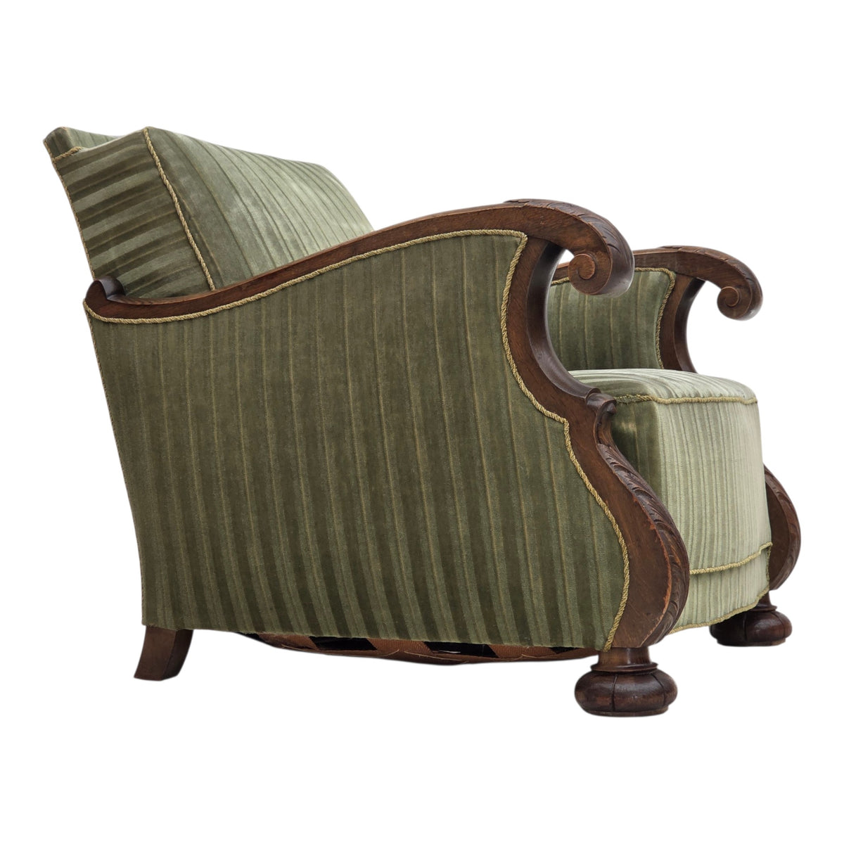 1950s, Danish relax armchair, green furniture velour, carved oak wood.