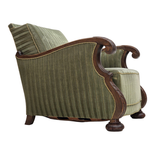 1950s, Danish relax armchair, green furniture velour, carved oak wood.