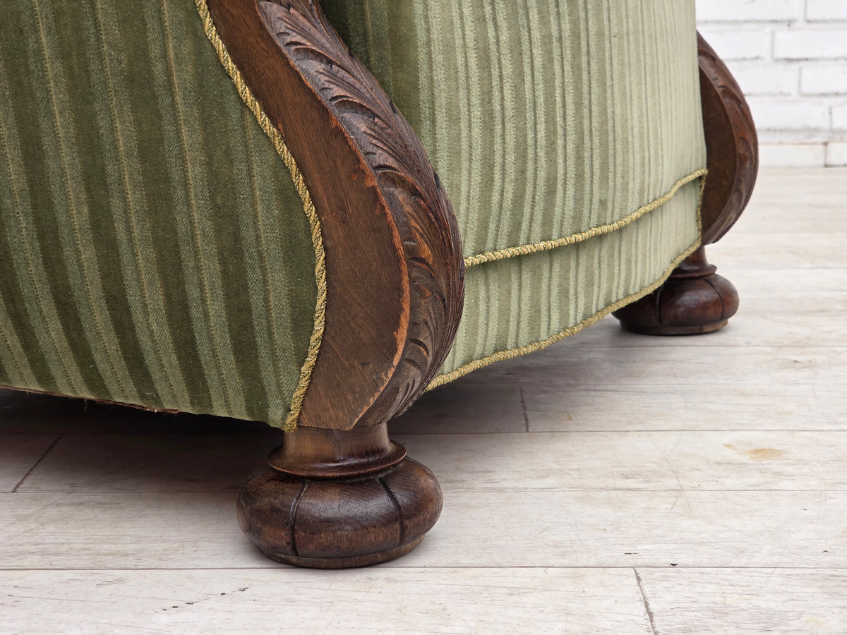 1950s, Danish relax armchair, green furniture velour, carved oak wood.