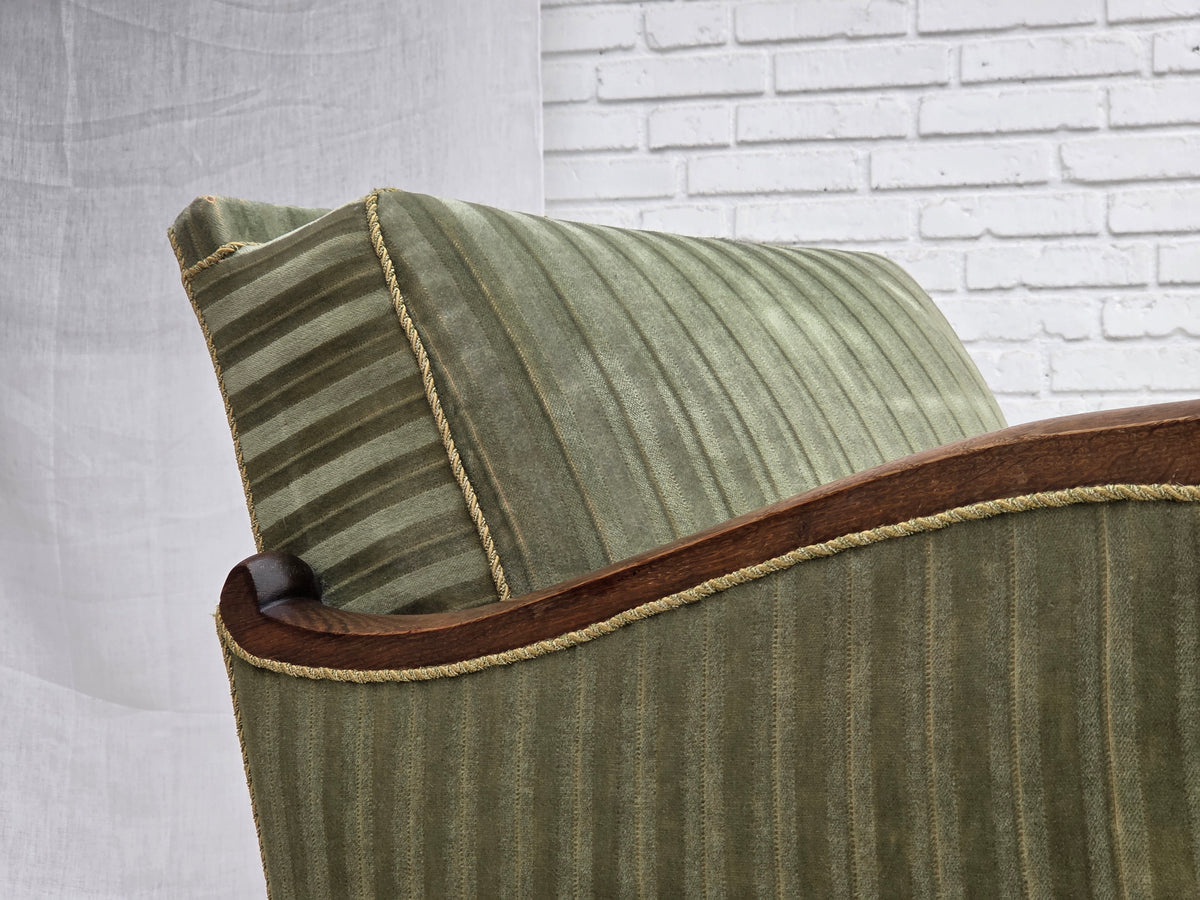 1950s, Danish relax armchair, green furniture velour, carved oak wood.
