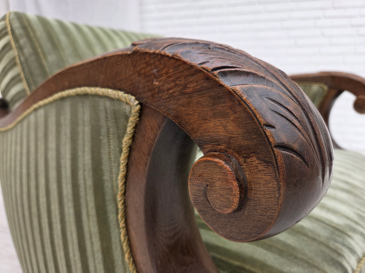 1950s, Danish relax armchair, green furniture velour, carved oak wood.
