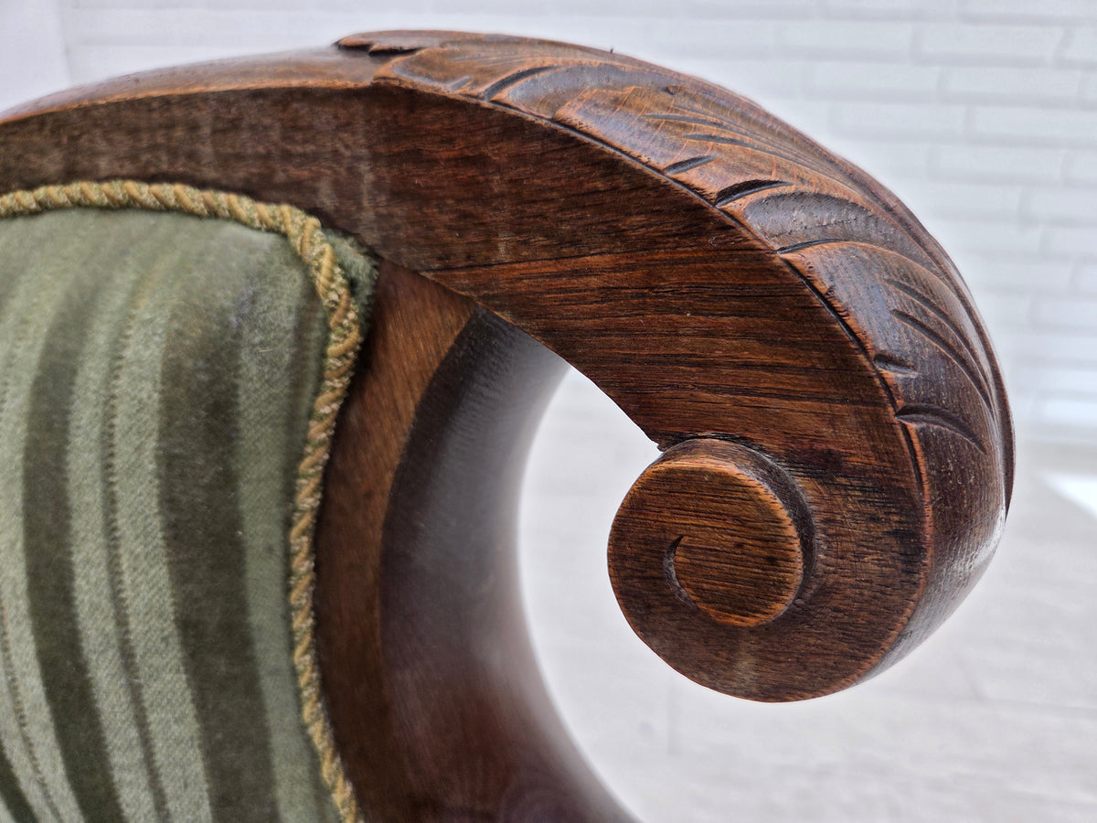 1950s, Danish relax armchair, green furniture velour, carved oak wood.