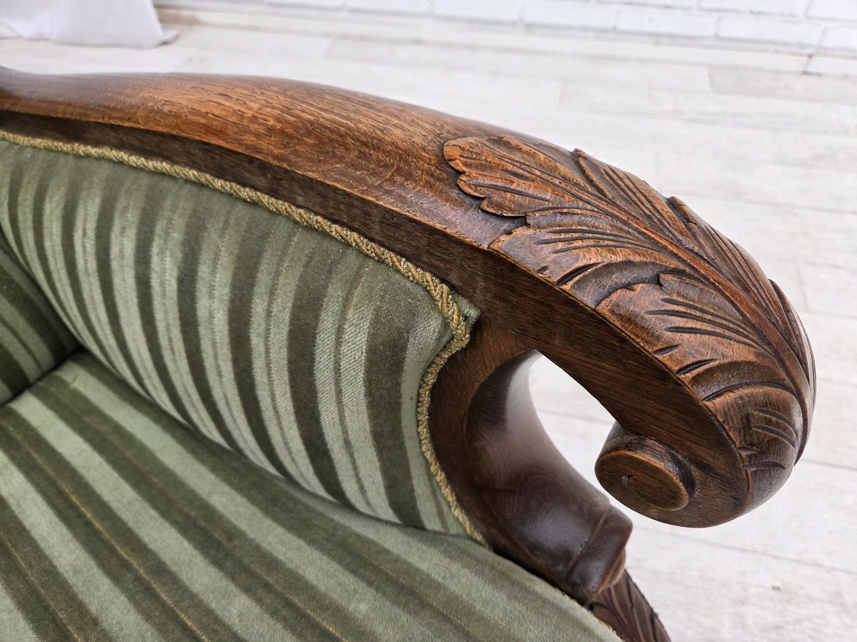 1950s, Danish relax armchair, green furniture velour, carved oak wood.