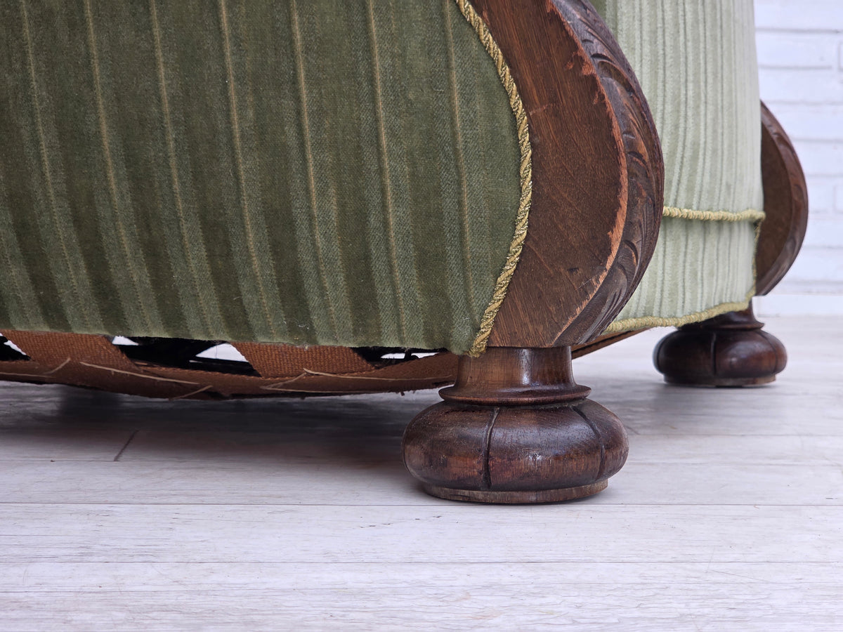 1950s, Danish relax armchair, green furniture velour, carved oak wood.