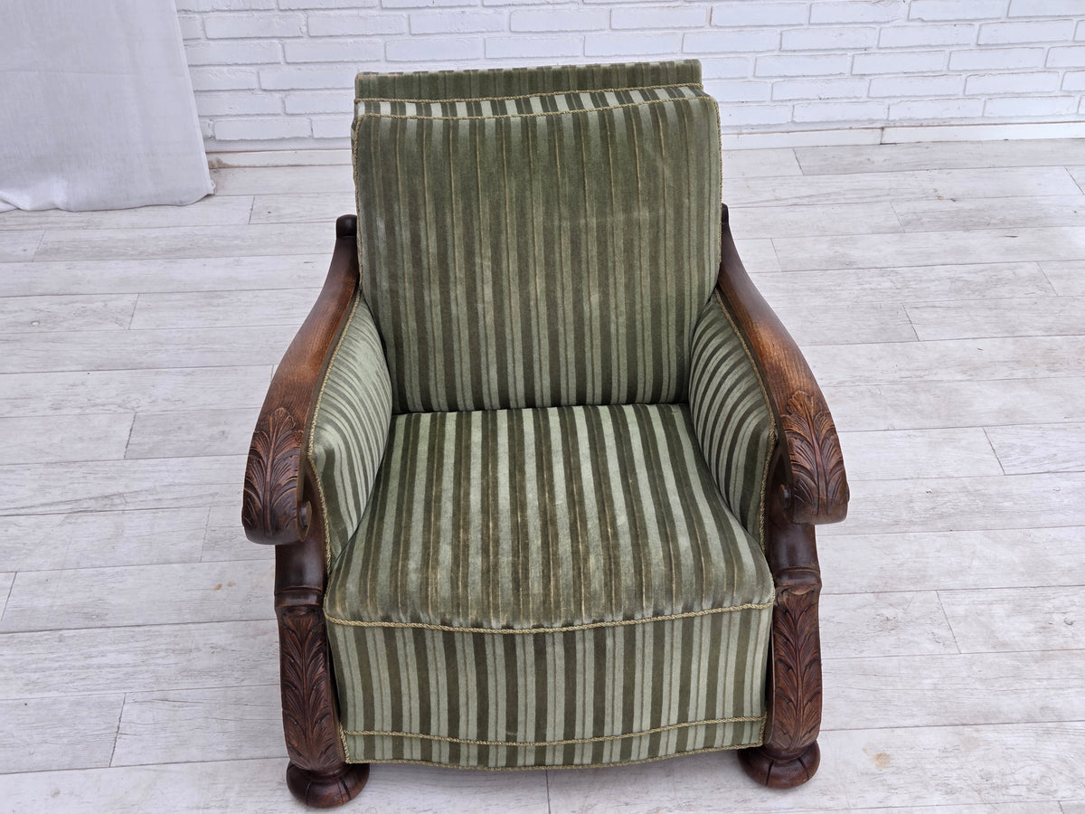 1950s, Danish relax armchair, green furniture velour, carved oak wood.