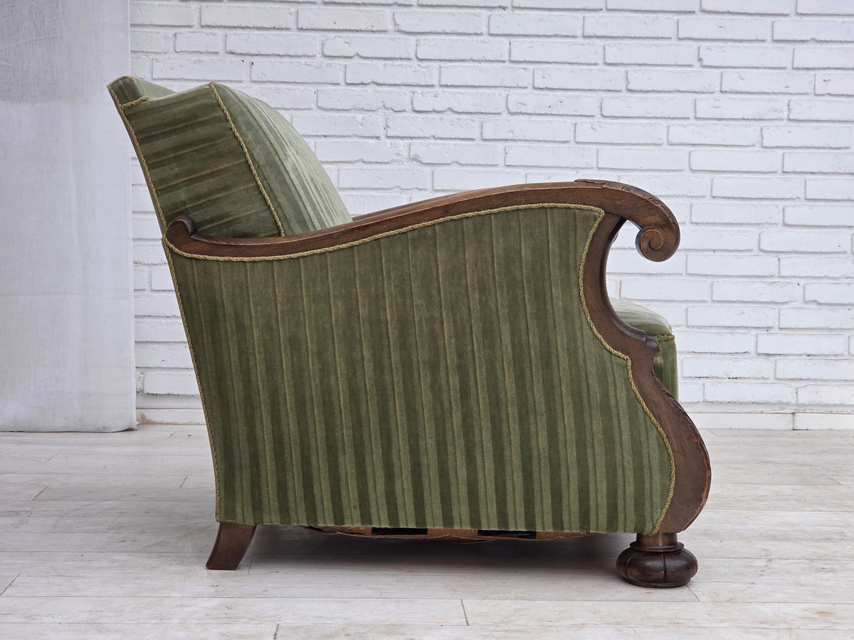 1950s, Danish relax armchair, green furniture velour, carved oak wood.