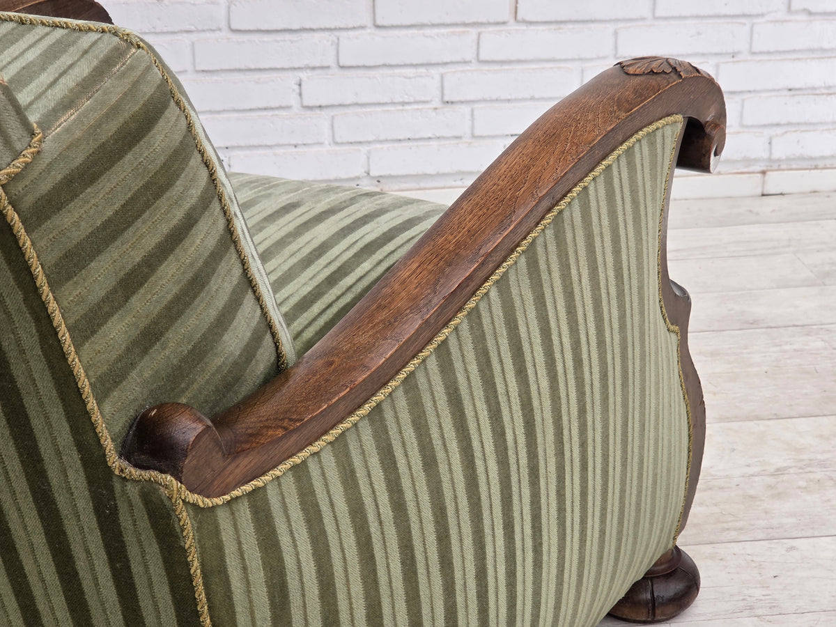 1950s, Danish relax armchair, green furniture velour, carved oak wood.