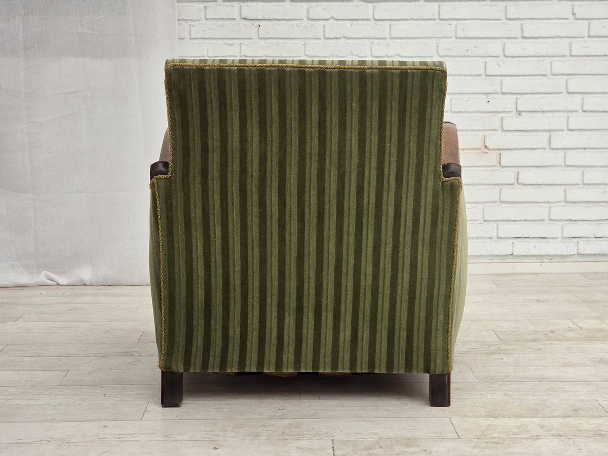 1950s, Danish relax armchair, green furniture velour, carved oak wood.