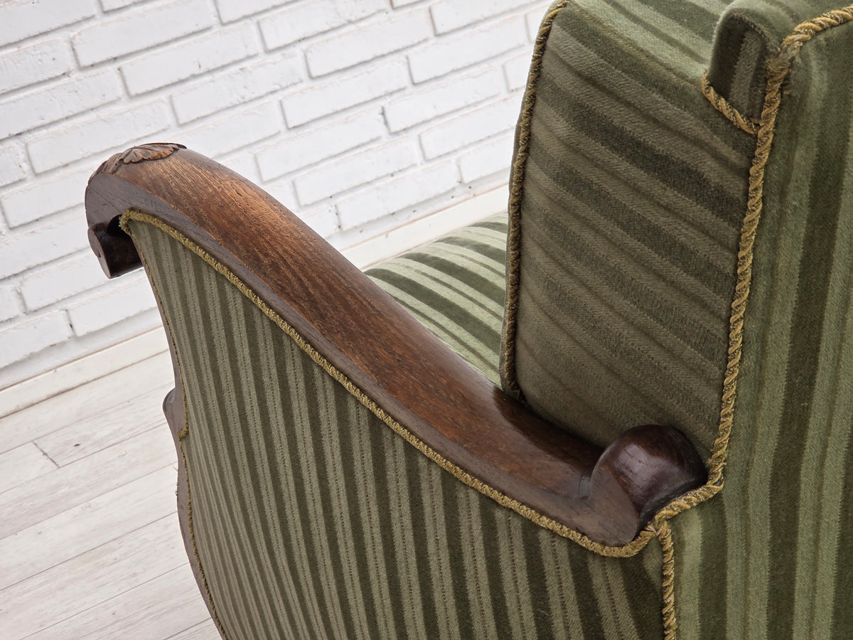 1950s, Danish relax armchair, green furniture velour, carved oak wood.