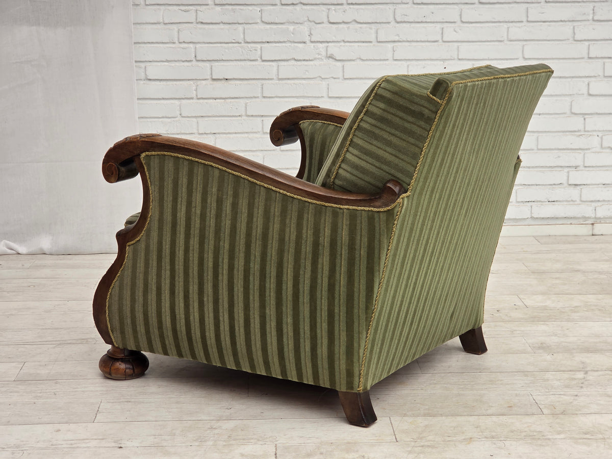 1950s, Danish relax armchair, green furniture velour, carved oak wood.
