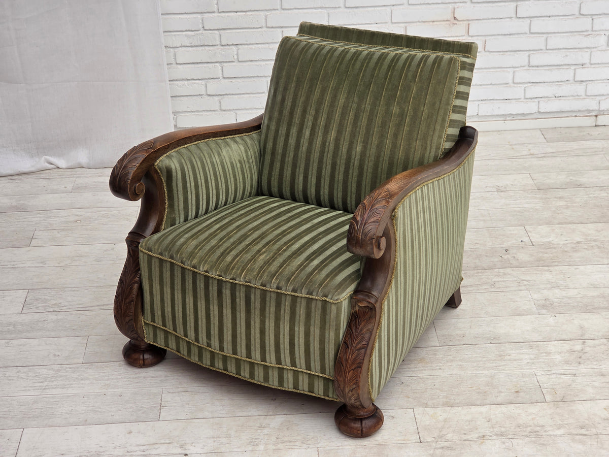 1950s, Danish relax armchair, green furniture velour, carved oak wood.