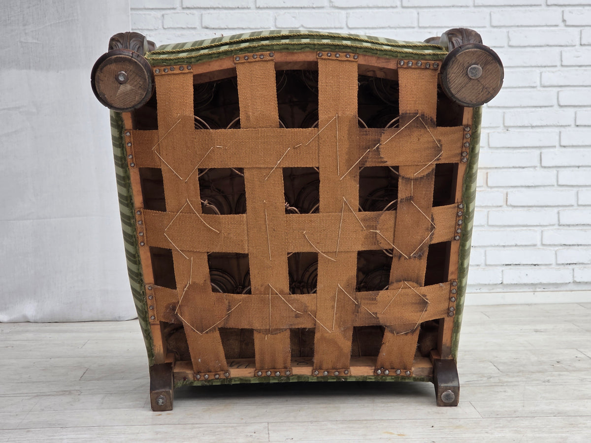 1950s, Danish relax armchair, green furniture velour, carved oak wood.