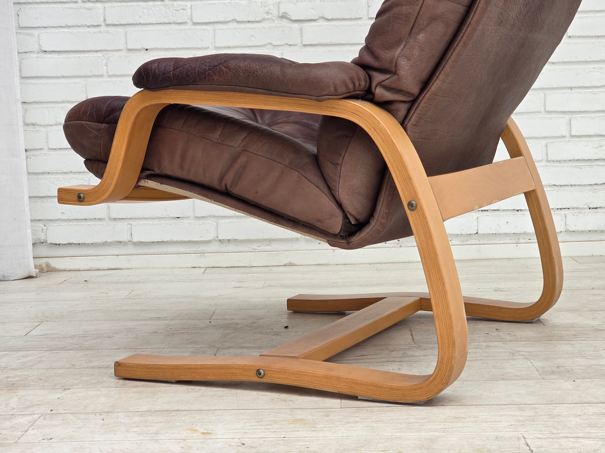 1970s, Scandinavian adjustable armchair, furniture leather, bentwood.