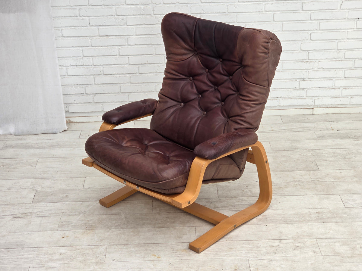 1970s, Scandinavian adjustable armchair, furniture leather, bentwood.