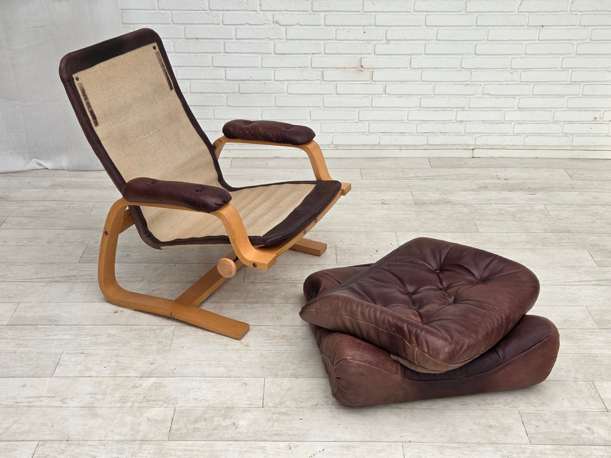 1970s, Scandinavian adjustable armchair, furniture leather, bentwood.