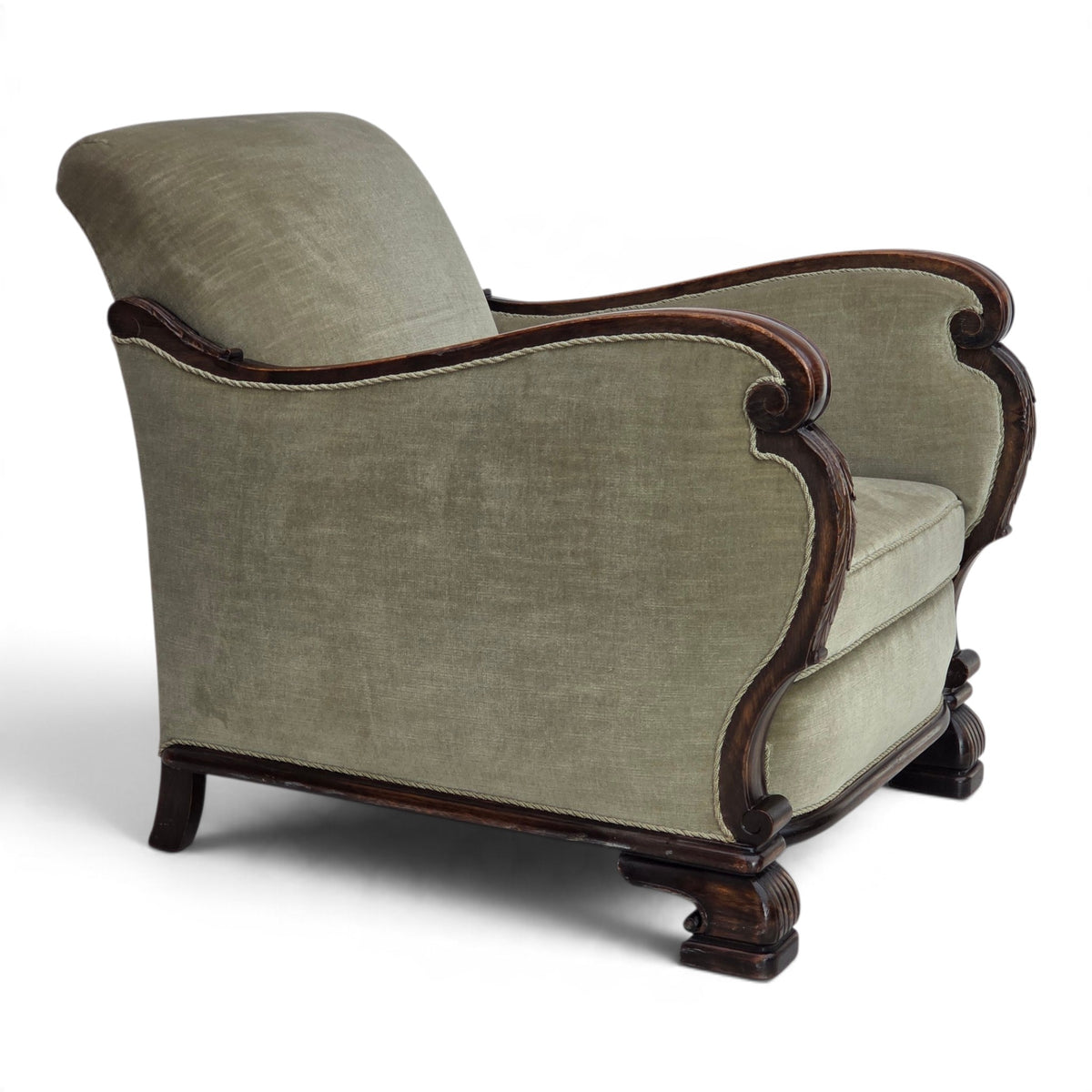 1950s, Danish relax armchair, furniture velour, carved oak wood.